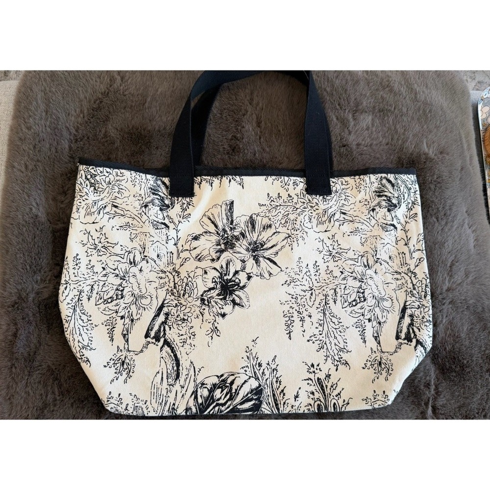 CHICO'S Black & White Floral Canvas Tote Bag